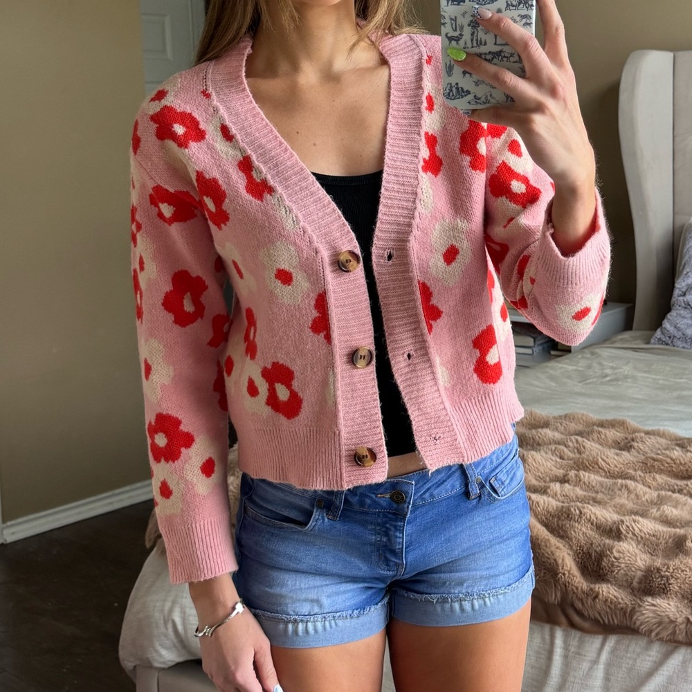 Floral Pink Cardigan Sweater